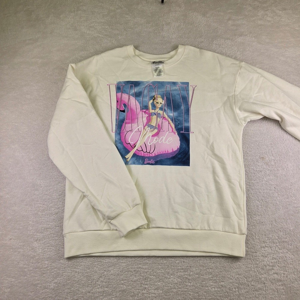 Barbie Vacay Mode Sweatshirt Cream Pink Flamingo Graphic Pullover Small